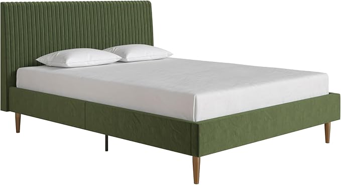 Mr. Kate Daphne Upholstered Bed with Vertical Channel Tufted Headboard, Full, Olive Green Velvet