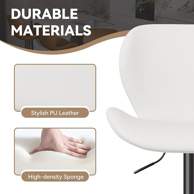 Nalupatio Swivel Bar Stools Set of 2,PU Leather Upholstered Barstools with Back & Footrest, Seat Adjustable Height 22.2-31IN Counter Height Bar Chairs for Bar Kitchen Island,White