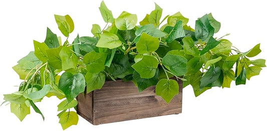 MyGift Vibrant Lifelike Artificial Plant Grape Leafy Vine Greenery in Rustic Brown Solid Wood Rectangular Planter Box