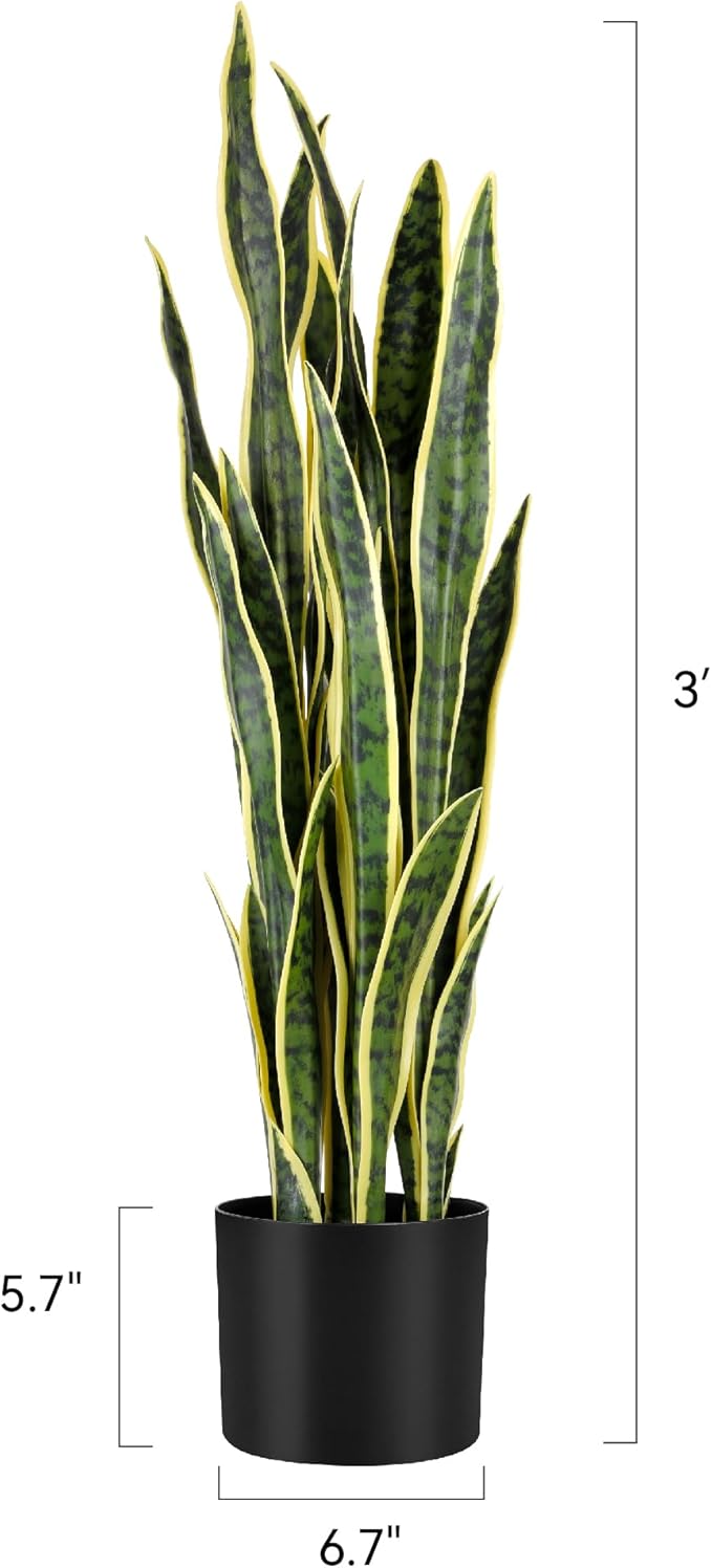 KOL 3ft Artificial Snake Plant, Fake Sansevieria Potted Floor Plants, 32 Lifelike Faux Leaves, Indoor Home Office Room Decoration, Mother-in-Law Tongue, 35in, Yellow