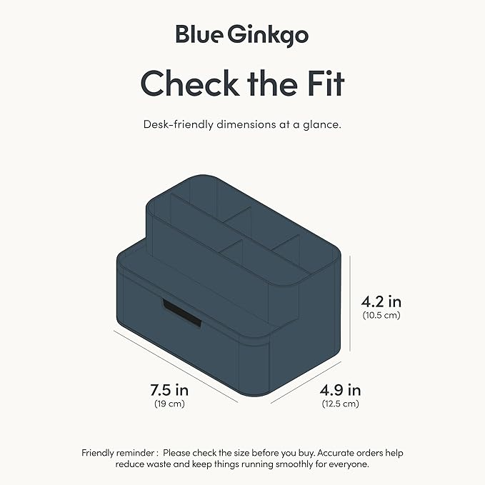 BLUE GINKGO Compact Desk Organizer – Small 5-Compartment, Half Drawer Storage – Pen Holder, Stationery Organizer for Desktop, Vanity, Shelf (Made in Korea, Blue)