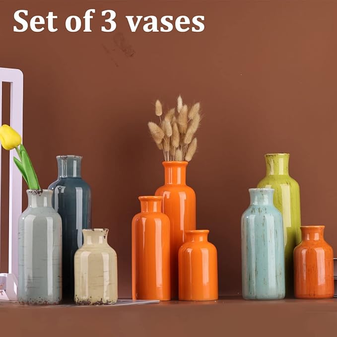 Orange Ceramic Vase Set for 3, Modern Minimalist Decor Boho Vases, Farmhouse Home Décor Accents Living Room Centerpieces, Suitable for Home Décor,Room,Entryway, Bookshelf, Mantel, Shelf Décor