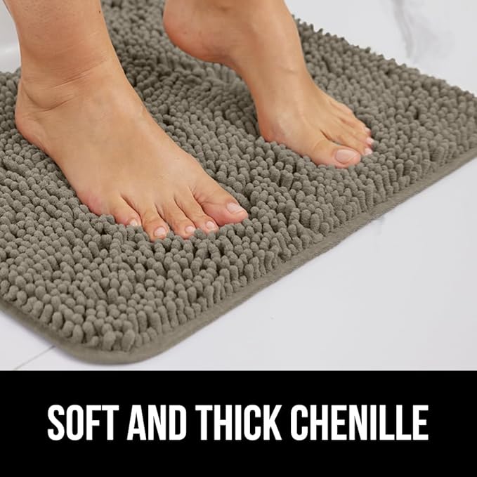 GORILLA GRIP Plush Absorbent Shaggy Chenille Bath Rug Mat for Square Toilet Base with Rubber Backing, Machine Washable Rugs, Soft Microfiber Contour Mats for Toilets, Bathroom Decor, Latte