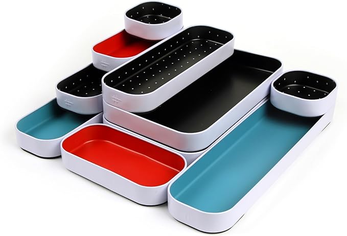 Three by Three Seattle 10 Piece Metal Organizer Tray Set for Storing Makeup, Stationery, Utensils, and More in Office Desk, Kitchen and Bathroom Drawers (1 Inch, Blue Black Red and Dots)