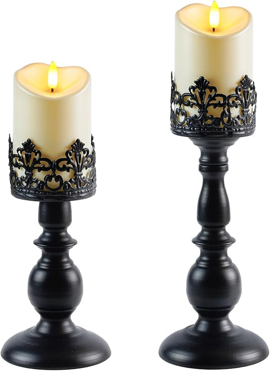 Homemory Black Halloween Candle Holders for Pillar Candles Set of 2, Gothic Vintage Candle Holders for Table Centerpiece, 11" 9" Tall Candle Stand Decorative for Dining Fireplace Living Room (Black)
