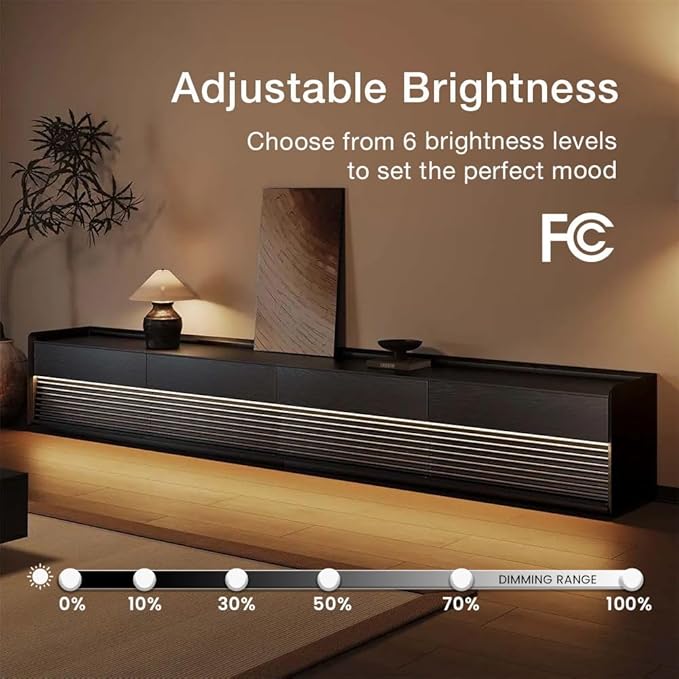 POVISON Fully-Assembled Mid Century Modern TV Stand, 118.11" Wood Media Console with Adjustable LED Light, Entertainment Center with Storage for Living Room