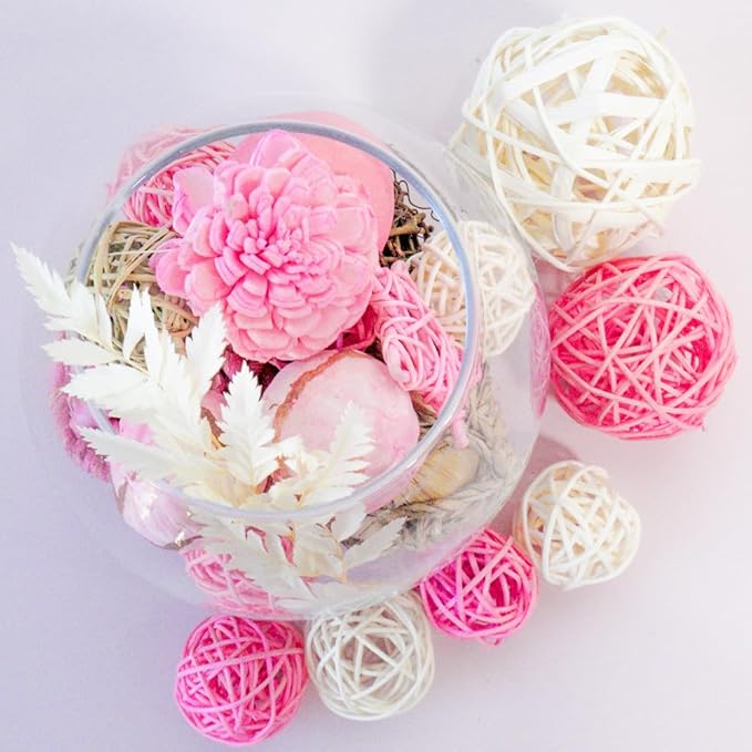 Qingbei Rina Pink Decorative Balls for Bowls, Assorted Vase Filler for Centerpieces, Wicker Rattan Balls Decorative Orbs Woven Spheres, Bowl Fillers for Home Decor