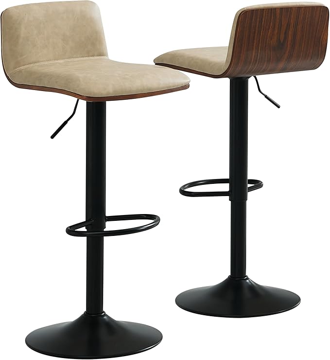 Set of 2 Swivel Bar Stools Adjustable Height, Faux Leather Barstools with Wooden Back and Footrest, Counter Height Bar Height Chairs for Kitchen Island, Dining Room, Beige