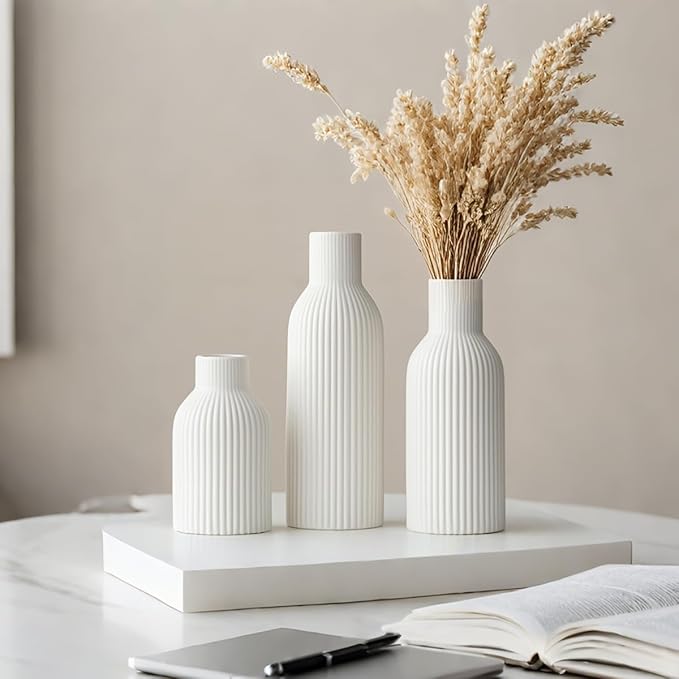 Modern Ceramic Vases Set of 3, White Ribbed Decorative Vases, Shelf Table Centerpiece for Home Decor (White)