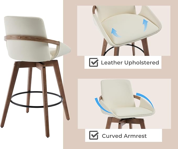 EALSON Swivel Counter Height Bar Stools Set of 2 Mid Century Modern Natural Wood Barstools with Back and Arms Comfortable Leather Upholstered Counter Stools Bar Chairs for Kitchen Island, Beige