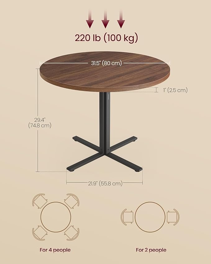VASAGLE Dining Table, Small Round Kitchen Table for 4 People, 31.5 x 29.4 Inches, for Dining Room, Living Room, Farmhouse, Water-Resistant, Somber Walnut UKDT082K01V1