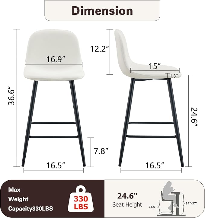 White Bar Stools Set of 4,Faux Leather Counter Height Bar Stools,24.6" Bar Chairs with Back Metal Footrest,Modern Counter Stool with Back and Footrest for Kitchen Island Restaurants Pubs