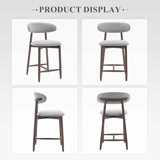 Upholstered Counter Height Bar Stools Set of 4, Kitchen Island Stools with Back, Modern Counter Stools Island Bar Chairs with Wood Legs for Kitchen Island Dining Room Bar, Light Grey