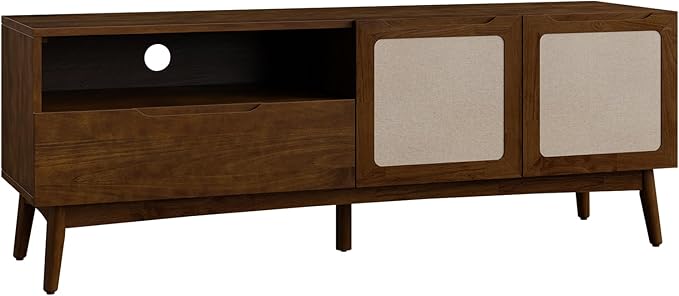 Bme Calista TV Stand 1 Drawer 2 Door – Chestnut Finish Media Console with Open Shelf & Fabric Panel Doors, Mid-Century Modern Style with Tapered Legs, Easy Assembly