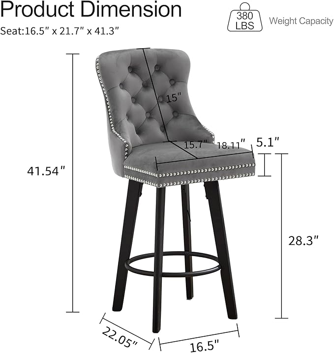 YISHENG Modern Swivel 27" H Seat Velvet Barstools with Backrest and Footrest,Button Tufted Rivet Trim Dining Room Chairs with Metal Pull Ring for Kitchen Island，Bistro, Home Bar，Gray 1PC