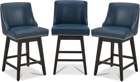 CHITA Counter Height Swivel Bar Stools Set of 3, FSC Certified Upholstered Counter Stools, Modern Swivel Barstools with Wood Legs for Kitchen Island, 26" Seat Height, Faux Leather in Blue