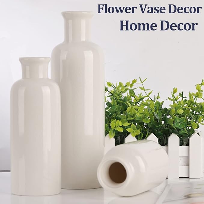 Farmhouse Decor 3 Piece Set - White Crackle Ceramic Vase for Country Home Centerpieces, Living Room, Table, Fireplace and Entrance