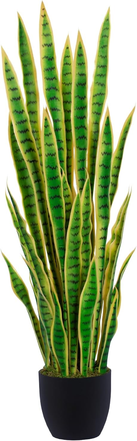4ft Artificial Snake Plant – 46in Faux Sansevieria Plants, Fake Floor Plant for Indoor Outdoor, Front Porch Patio Home Office Decor, Mother-in-Law’s Tongue, Yellow 1Pcs