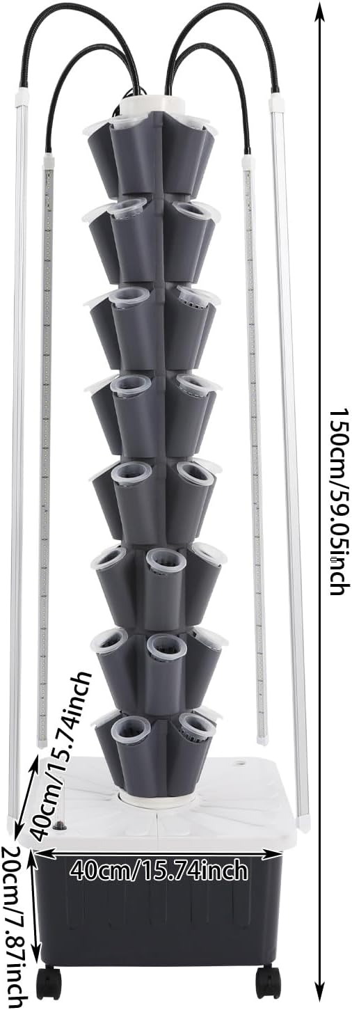 Hydroponic Growing Tower with Grow Lights, 40 Holes Vertical Planter Tower Hydroponics Growing System Kit with Wheels, for Fruits, Vegetables, Herbs and Miniature Greens (Gray)