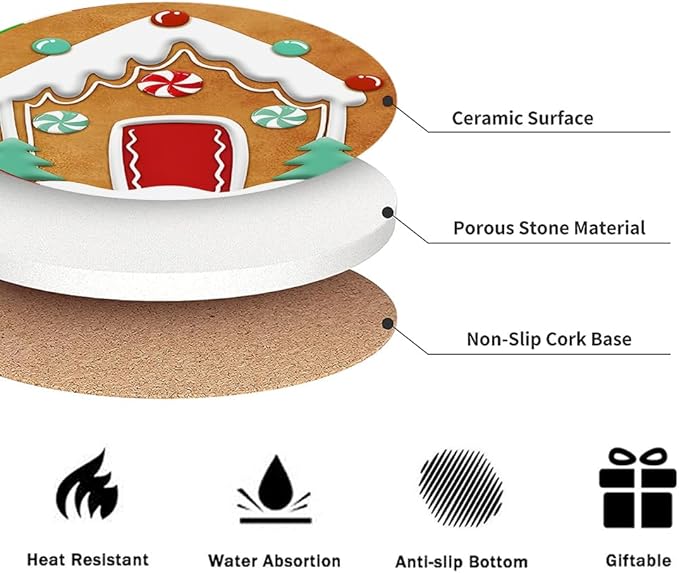 Christmas Absorbent Coasters with Holder Set of 6, Ceramic Stone with Cork Base, Cute Gingerbread Man Coaster for Drinks, Gift for Housewarming Room Bar Home Decor Kitchen