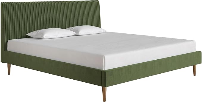 Mr. Kate Daphne Upholstered Bed with Vertical Channel Tufted Headboard, King, Olive Green Velvet