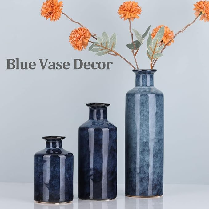 Blue Ceramic Vase Set - 3 Blue Small Vases, Farmhouse Country Flower Vase Home Decor, Living Room Decoration, Table Decoration, Fireplace Decor, and Entrance Decorations Centerpieces