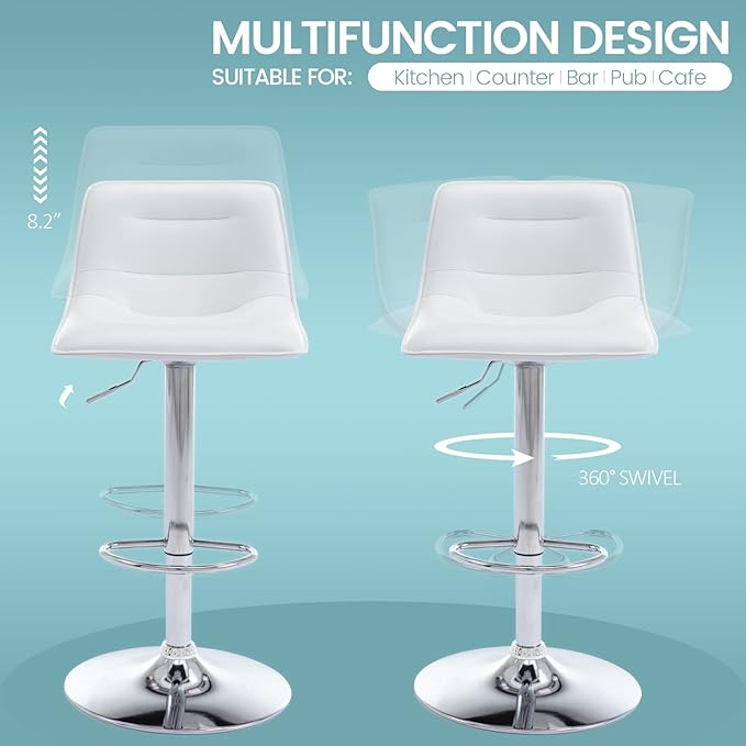 Brage Living Adjustable Bar Stools Set of 2, Modern PU Leather Swivel Counter Height Barstools with Back, Armless Airlift Curved Bar Chairs for Kitchen Dining Cafe (Pearl White)