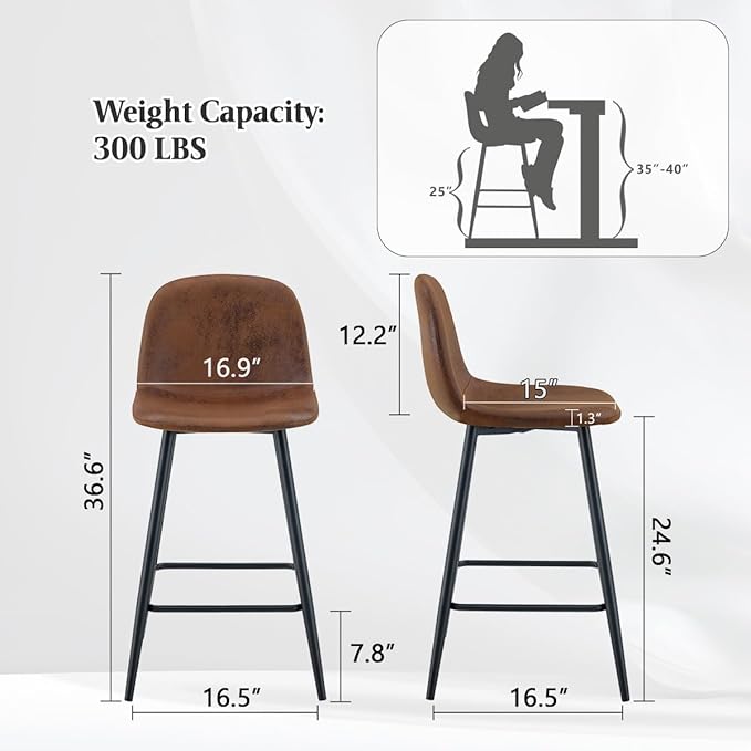 Counter Height Bar stools Set of 4, 24.6" Brown Kitchen Bar Stools with Back & Metal Footrest, Modern Island Chairs Set of 4 for Kitchens Island Home Bar