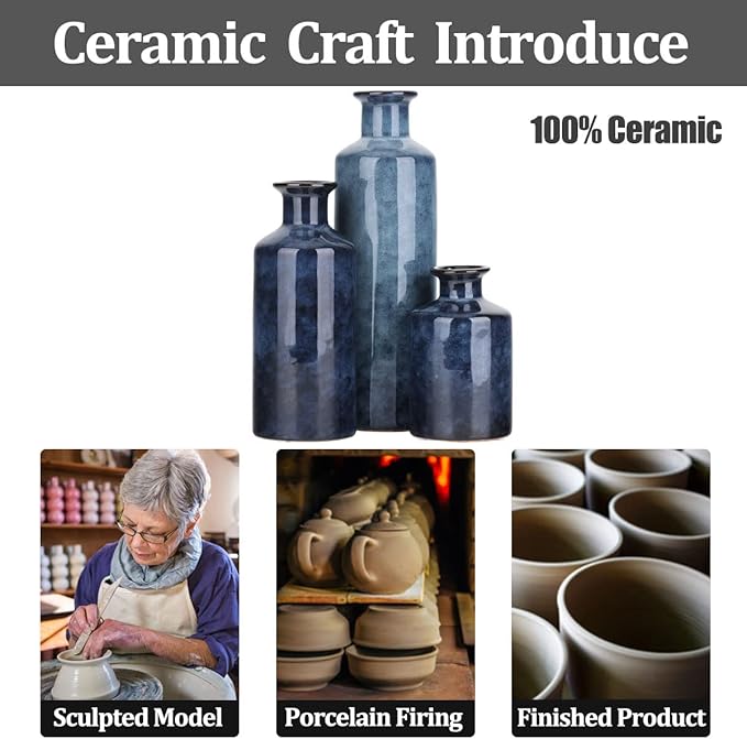 Blue Ceramic Vase Set - 3 Blue Small Vases, Farmhouse Country Flower Vase Home Decor, Living Room Decoration, Table Decoration, Fireplace Decor, and Entrance Decorations Centerpieces