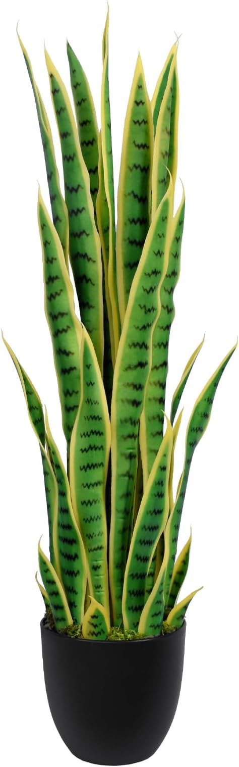 3ft Artificial Snake Plant – 36in Faux Sansevieria Plants, Fake Floor Plant for Indoor Outdoor, Front Porch Patio Home Office Decor, Mother-in-Law’s Tongue, Yellow 1Pcs