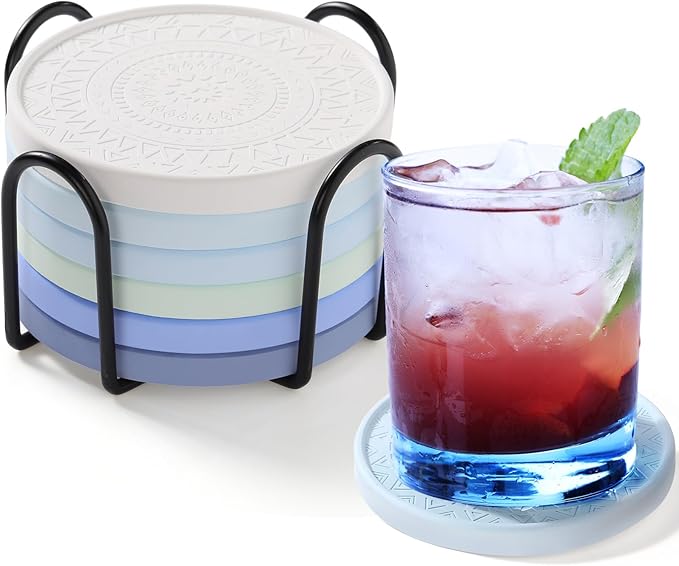 Photect Diatomaceous Earth Coasters Set with Holder Absorbent Stone Drink Coasters Instant Drying Tray for Tabletop Protection Home Decoration Housewarming Gift(Blue,6 Pcs)