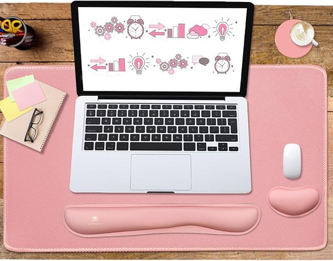 4-in-1 Large Gaming Mouse Pad, Keyboard Wrist Rest Pad & Wrist Support Mousepad Set, Extended Desk Pad Waterproof Desk Mat for Home Office Study Game-Pink