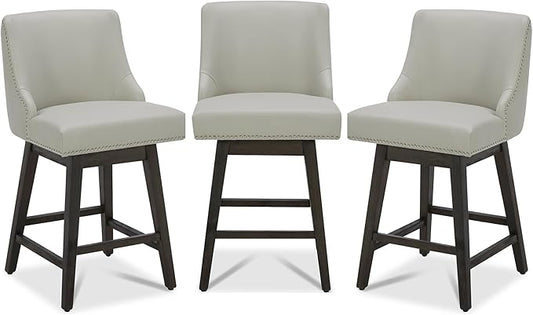 CHITA Counter Height Swivel Bar Stools Set of 3, FSC Certified Upholstered Counter Stools, Modern Swivel Barstools with Wood Legs for Kitchen Island, 26" Seat Height, Faux Leather in Creamy Grey