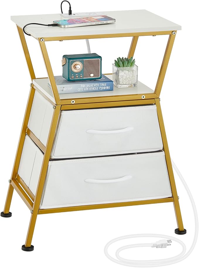 Nightstand with Charging Station, Side Tables for Bedroom with Built-in USB Side Table with 2 USB Ports and Outlets Nightstand with Cloth Drawer End Tables Living Room Sofa Couch