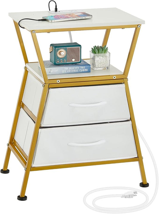 Nightstand with Charging Station, Side Tables for Bedroom with Built-in USB Side Table with 2 USB Ports and Outlets Nightstand with Cloth Drawer End Tables Living Room Sofa Couch