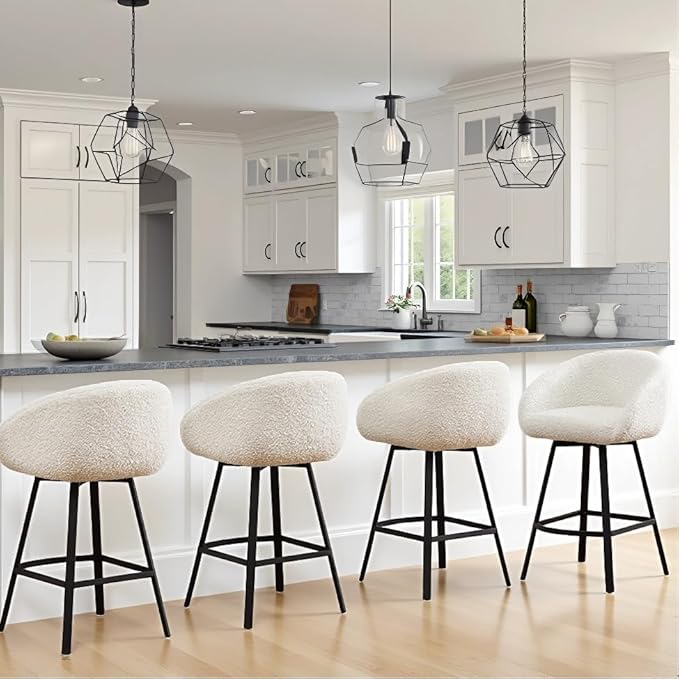 Zesthouse Swivel Counter Height Stool, Modern Single Bar Stool for Kitchen Island, 26'' White Sherpa Kitchen Counter Height Chair with Barrel Arms & Back, Upholstered Fabric Bar Chairs with Metal Legs