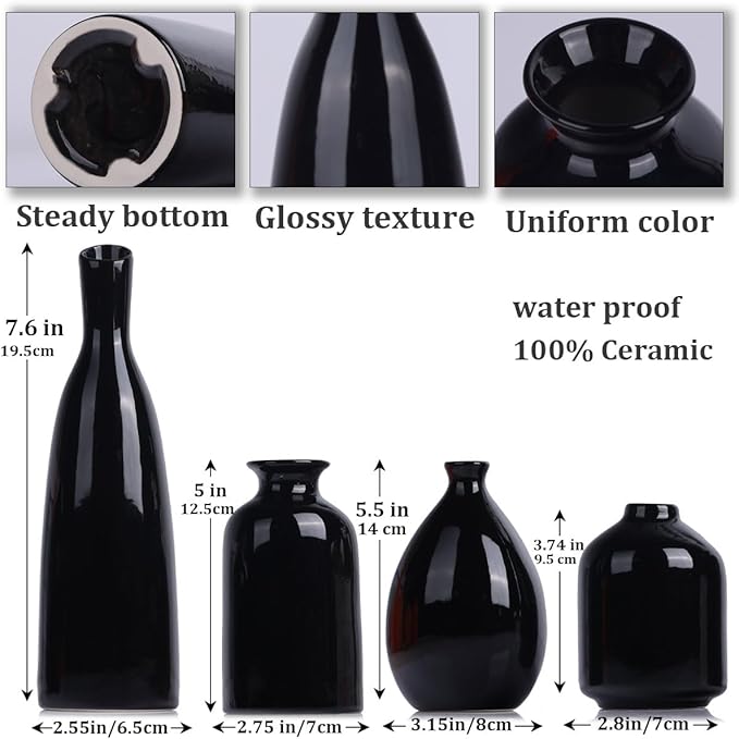 Black Ceramic Bud Vases Set of 4, Farmhouse Mantel & Shelf Accents, Small Vases for Living Room, Entryway, Bathroom, Kitchen & Office Decor, Coffee Table Centerpieces, Bulk Mini Vases