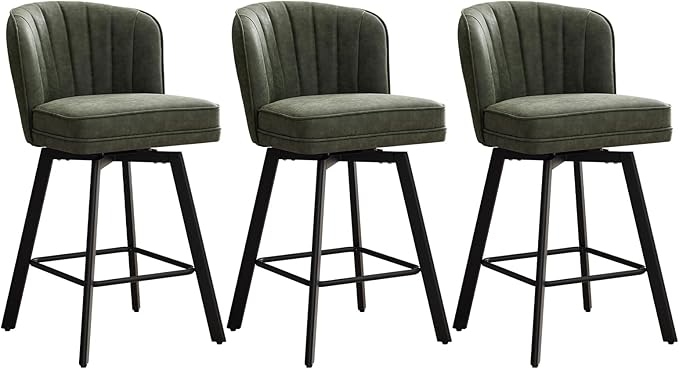 Swivel Counter Height Bar Stools Set of 3, 26'' Modern Barstools with Backs and Metal Legs, Upholstered Bar Chairs, Faux Leather Green Stools for Kitchen Island Chairs