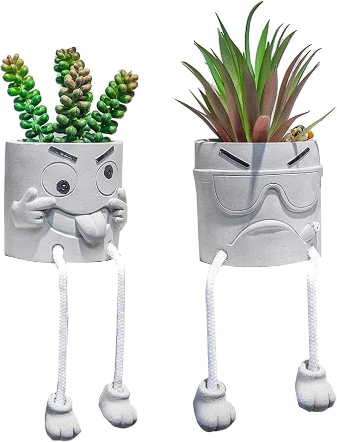 2PCS Artificial Mini Succulent Plants, Cute Fake Plant Faux Succulents in Grey Pots, Artificial Plants with Hanging Leg Potted for Home Office Desk Shelf Bathroom Decor