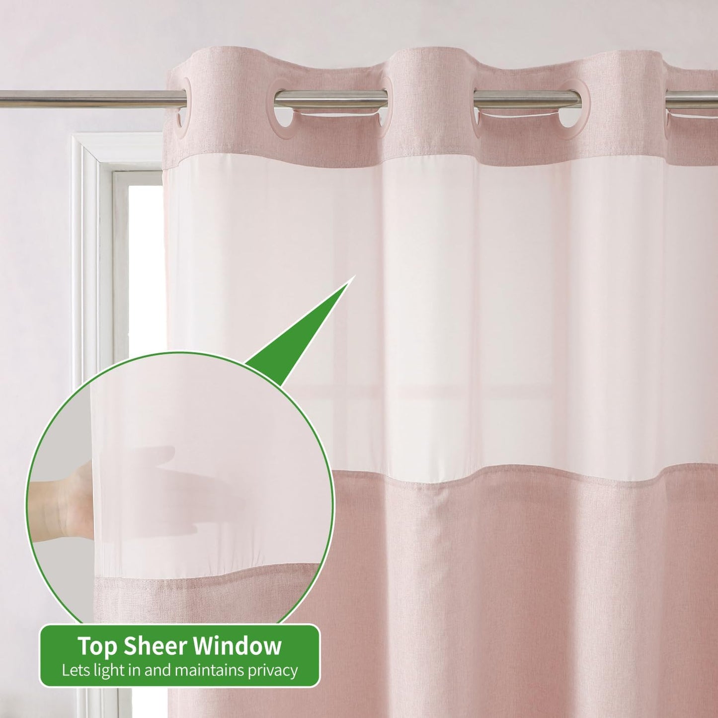 Long No Hooks Needed Linen Textured Shower Curtain with Snap-in Fabric Liner Set,Blush Hotel Luxury Decor Shower Curtains for Bathroom,Waterproof & Washable,71Wx80H