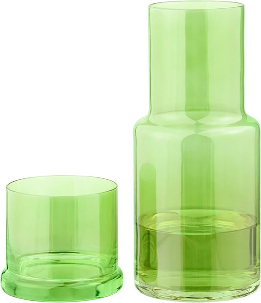 Elixir Glassware Bedside Water Carafe and Glass Set with Integrated Cup - Water or Mouthwash Dispenser for Nighstand or Bathroom - Handblown Glass Pitcher with Tumbler - Green