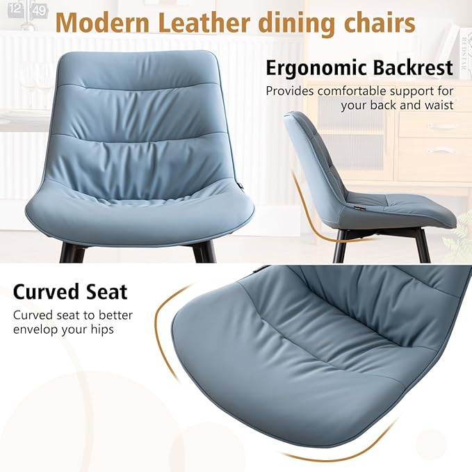 Kidol & Shellder Dining Chairs Set of 2, Modern Upholstered Faux Leather Kitchen Side Chairs with Comfortable Back - Mid-Century Armless Chair for Dining Living Room Bedrooms, with Metal Legs (Blue)