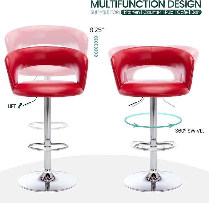 Brage Living Wide Bar Stool, Modern PU Leather Swivel Adjustable Barstool with Hollow Back and Arms, Upholstered Airlift Counter Height Bar Chair for Kitchen Dining (Red)