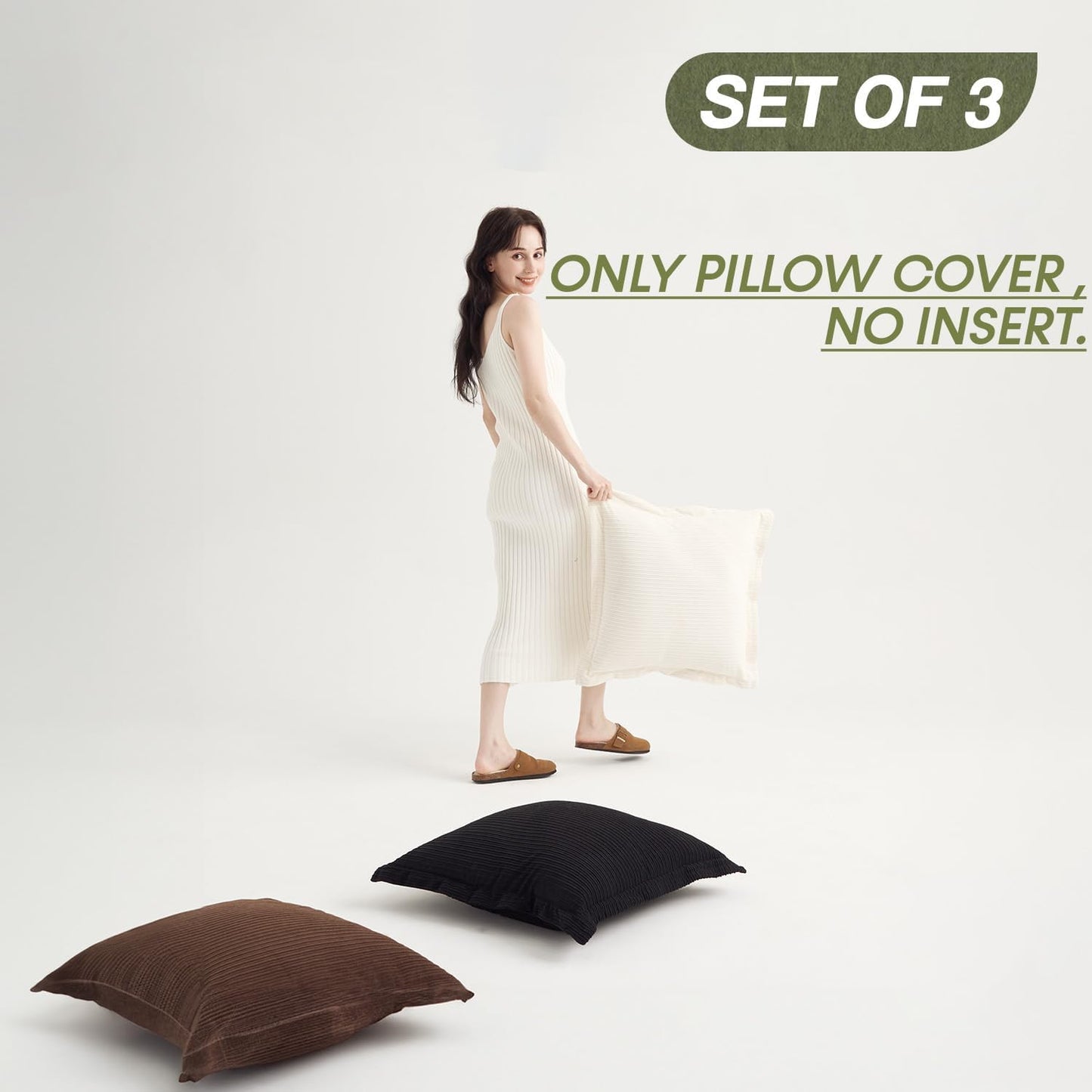 Classic Vintage Decorative Corduroy Large Throw Pillow Covers 24x24inch, Set of 3 Striped Big Pillow Cases for Sofa Couch Bedroom Living Room,Soft Cushions（Dark Brown, Black & White）