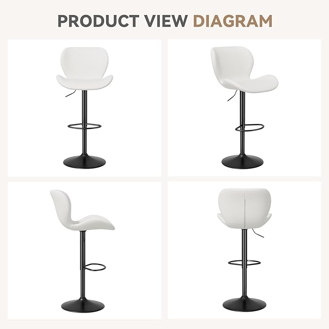 Nalupatio Swivel Bar Stools Set of 2,PU Leather Upholstered Barstools with Back & Footrest, Seat Adjustable Height 22.2-31IN Counter Height Bar Chairs for Bar Kitchen Island,White
