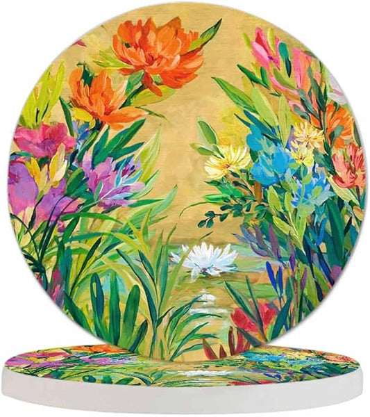 Oil Beautiful Bloom Round Coaster for Home Coffee Table Colorful Flowers Bouquet Floral Elegance Farmhouse Drink Coasters 100% Diatomite 4''X 4''X 0.35'' Printed Pattern