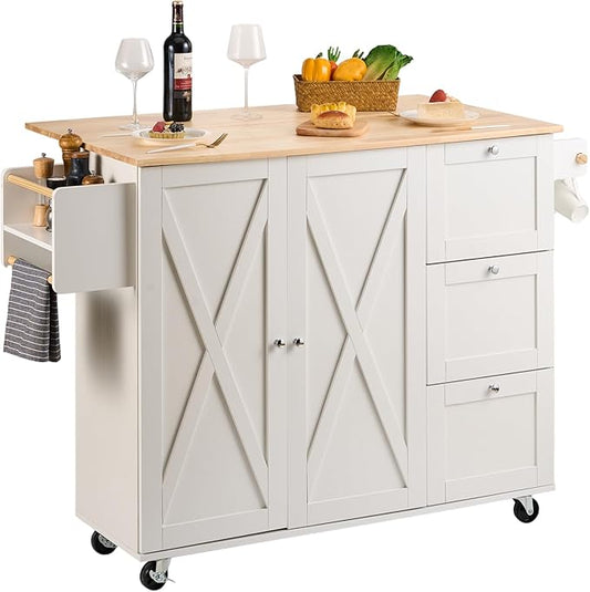 VEVOR Kitchen Island Cart, 45.3x39 inch Rolling Kitchen Table, Mobile Carts with Storage Cabinet and Solid Wood Top, Portable Islands with Wheels, Spice Rack, Towel Rack, Drop Leaf and Drawer, White