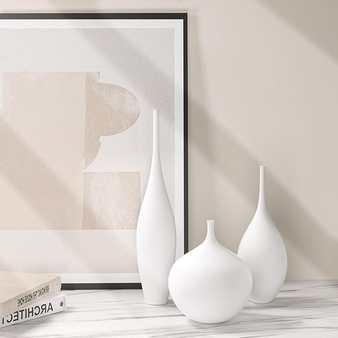 White Ceramic Vase Modern Boho Wabi-Sabi Flower Vase Set of 3 Decorative Aesthetic Vases for Centerpieces Pampas Matte Minimalist Vases for Living Room Table Shelf Home Decor Gift