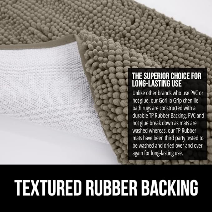 GORILLA GRIP Bath Rug Mat 30x20, Thick Soft Absorbent Chenille, Quick Dry Microfiber Mats, Rubber Backing Washable Shower Floor Rugs, Bathmat Runner, US Designed Bathroom Home Decor Accessories Latte