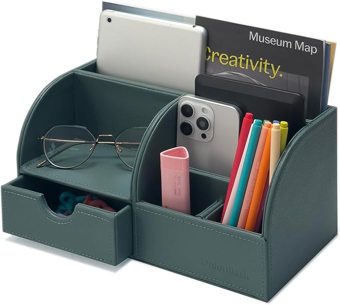 UnionBasic Desk Organizer - Multifunctional Leather Desktop Pen Holder Storage Box - Business Card/Pen/Pencil/Mobile Phone/Stationery Holder, Dark Ivy